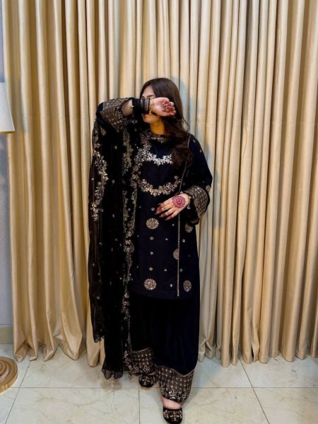 Black French Crepe Kurti Palazzo Set with Georgette Dupatta for Festive Wear Ready To Wear Collection