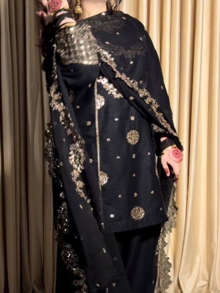 Black French Crepe Kurti Palazzo Set with Georgette Dupatta for Festive Wear Ready To Wear Collection