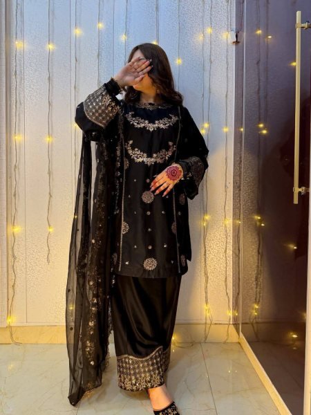 Black French Crepe Kurti Palazzo Set with Georgette Dupatta for Festive Wear Ready To Wear Collection