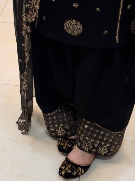 Black French Crepe Kurti Palazzo Set with Georgette Dupatta for Festive Wear Ready To Wear Collection