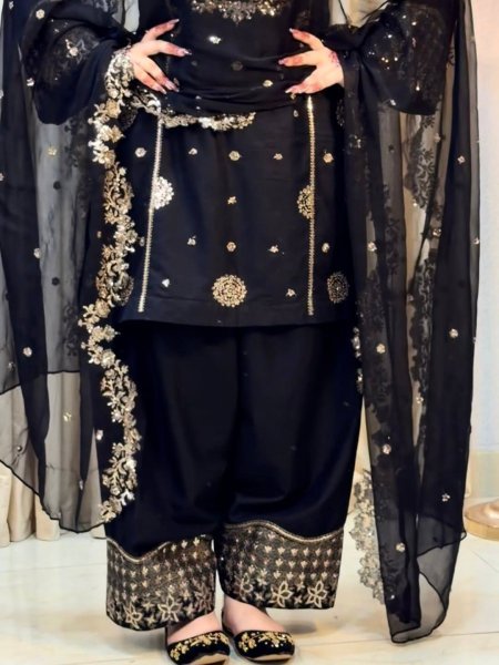 Black French Crepe Kurti Palazzo Set with Georgette Dupatta for Festive Wear Ready To Wear Collection