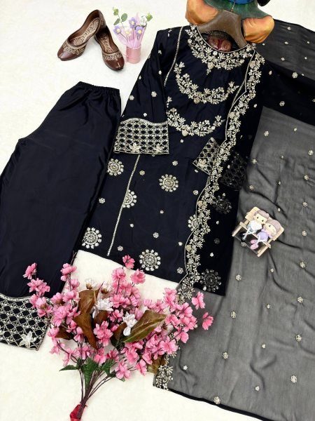 Black French Crepe Kurti Palazzo Set with Georgette Dupatta for Festive Wear Ready To Wear Collection