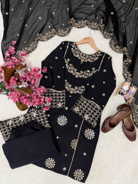 Black French Crepe Kurti Palazzo Set with Georgette Dupatta for Festive Wear Ready To Wear Collection