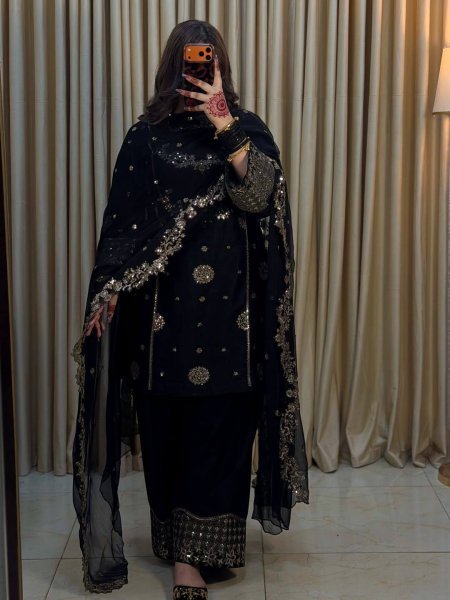 Black French Crepe Kurti Palazzo Set with Georgette Dupatta for Festive Wear Ready To Wear Collection
