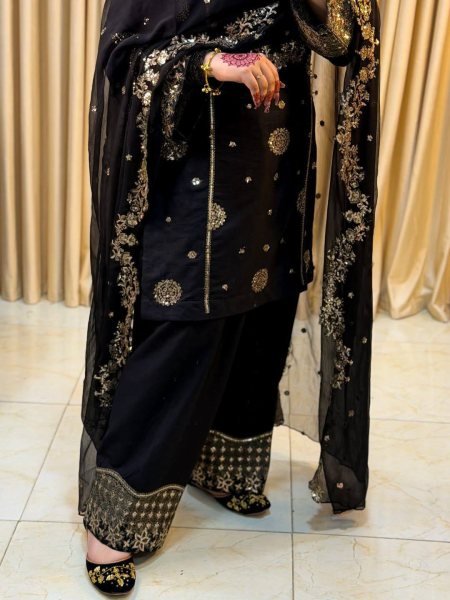 Black French Crepe Kurti Palazzo Set with Georgette Dupatta for Festive Wear Ready To Wear Collection