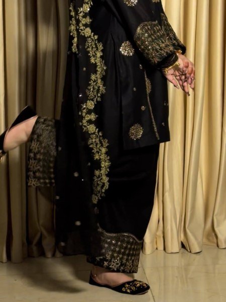 Black French Crepe Kurti Palazzo Set with Georgette Dupatta for Festive Wear Ready To Wear Collection