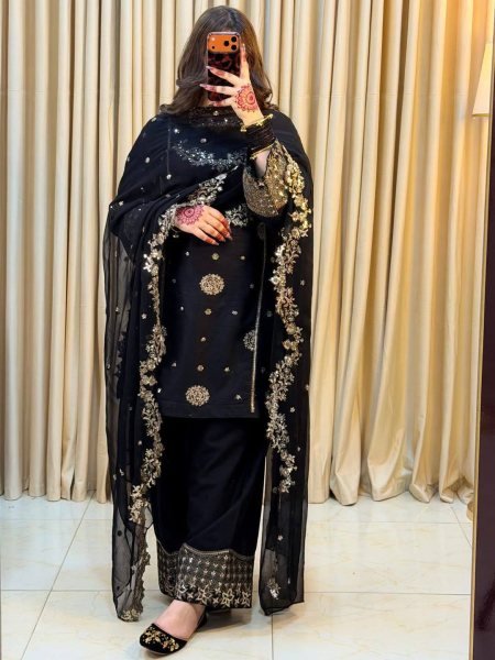 Black French Crepe Kurti Palazzo Set with Georgette Dupatta for Festive Wear Ready To Wear Collection