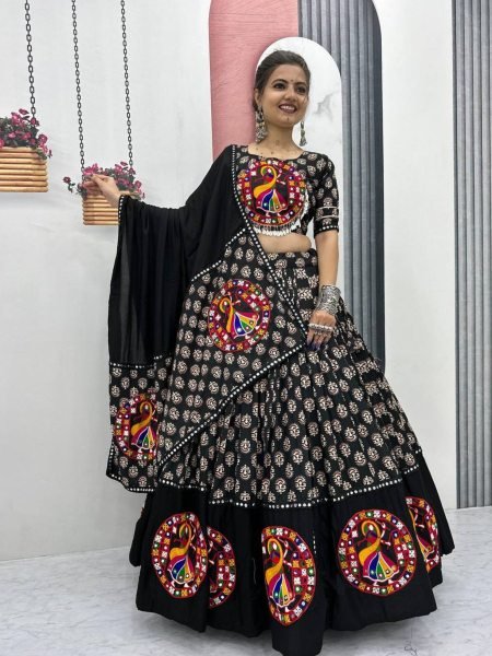 Black Gamathi Cotton Lehenga Choli Navratri Special with Mirror Work Magic  Lehenga