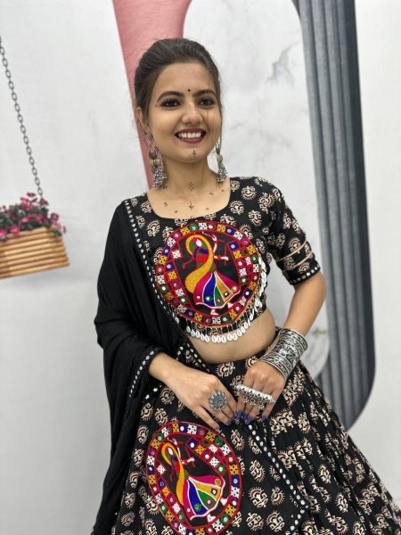 Black Gamathi Cotton Lehenga Choli Navratri Special with Mirror Work Magic Navratri Lehnega Choli