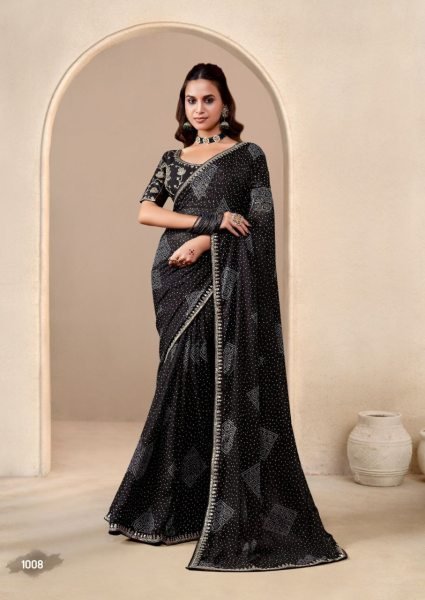 Black Georgette Bandhani Saree with Designer Embroidered Border Exclusive for Parties Georgette Sarees Wholesale