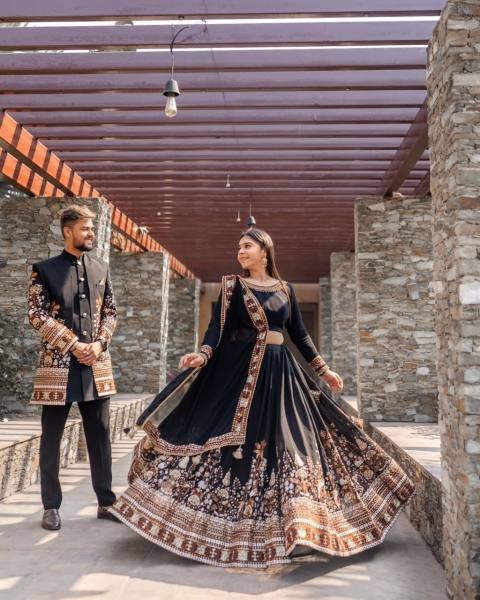 Black Georgette Bridal Lehenga Choli with Thread & Sequins Embroidery, Heavy Flair & Can-Can – Semi-Stitched Designer Set Designer Lehenga Choli