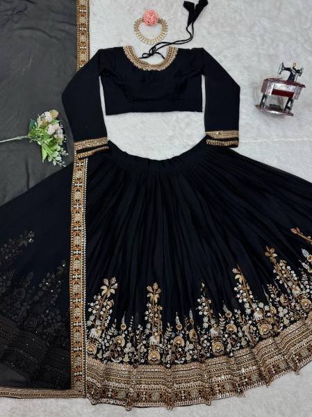 Black Georgette Bridal Lehenga Choli with Thread & Sequins Embroidery, Heavy Flair & Can-Can – Semi-Stitched Designer Set Designer Lehenga Choli