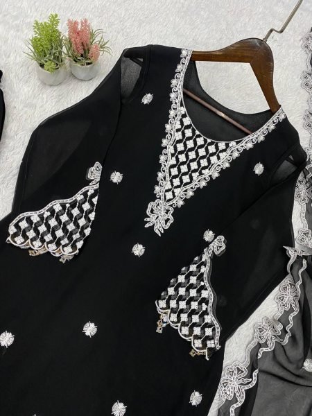 Black Georgette Designer Kurta Palazzo Suit Set Using Sequence Embroidered Work  for Women Ready To Wear Collection