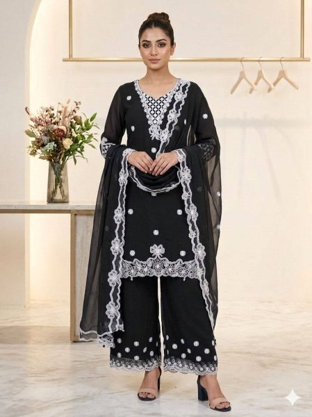Black Georgette Designer Kurta Palazzo Suit Set Using Sequence Embroidered Work  for Women Ready To Wear Collection