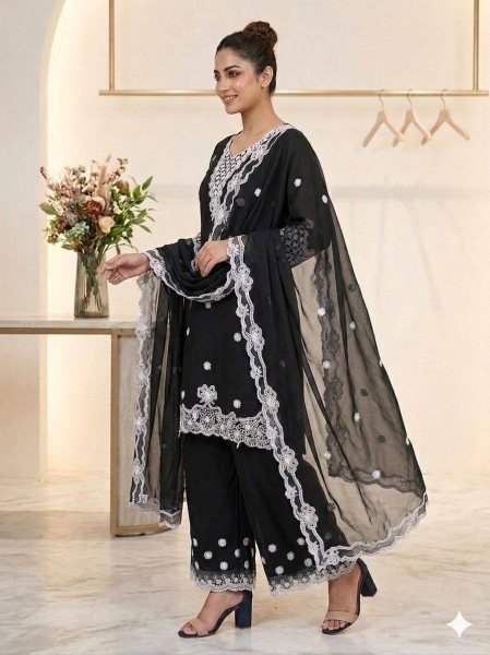 Black Georgette Designer Kurta Palazzo Suit Set Using Sequence Embroidered Work  for Women Ready To Wear Collection