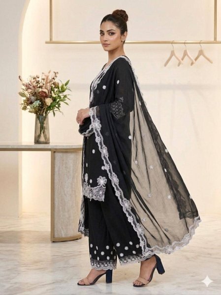 Black Georgette Designer Kurta Palazzo Suit Set Using Sequence Embroidered Work  for Women Ready To Wear Collection