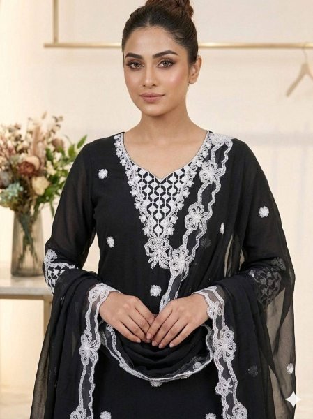 Black Georgette Designer Kurta Palazzo Suit Set Using Sequence Embroidered Work  for Women Ready To Wear Collection