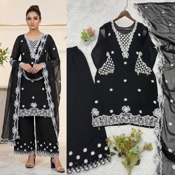 Black Georgette Designer Kurta Palazzo Suit Set Using Sequence Embroidered Work  for Women Ready To Wear Collection