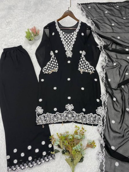 Black Georgette Designer Kurta Palazzo Suit Set Using Sequence Embroidered Work  for Women Ready To Wear Collection