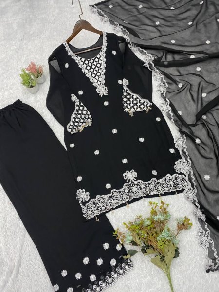 Black Georgette Designer Kurta Palazzo Suit Set Using Sequence Embroidered Work  for Women Ready To Wear Collection