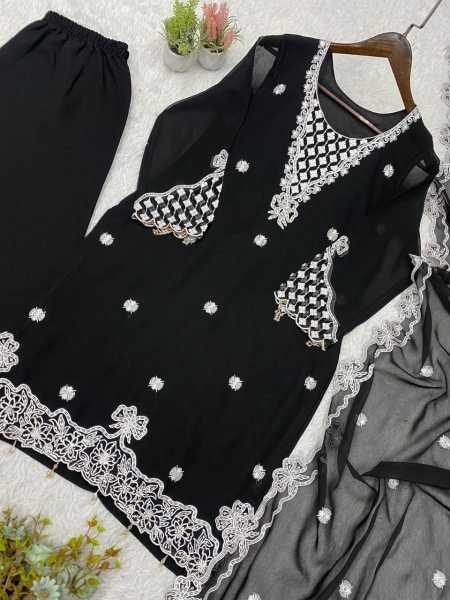 Black Georgette Designer Kurta Palazzo Suit Set Using Sequence Embroidered Work  for Women Ready To Wear Collection
