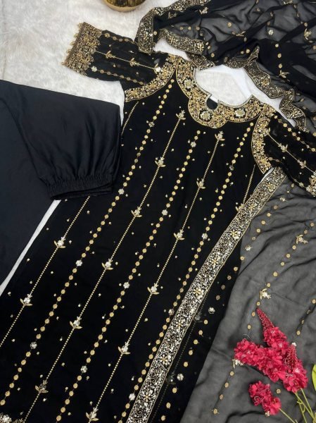 Black Georgette Embroidery Suit Set with Pant and Dupatta Fully Stitched For Resellers Ready To Wear Collection