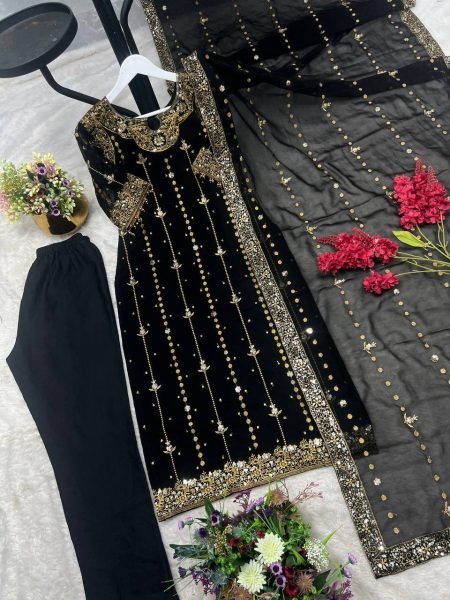 Black Georgette Embroidery Suit Set with Pant and Dupatta Fully Stitched For Resellers Ready To Wear Collection