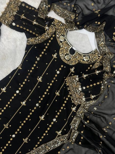 Black Georgette Embroidery Suit Set with Pant and Dupatta Fully Stitched For Resellers Ready To Wear Collection