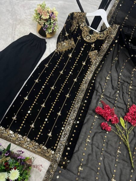 Black Georgette Embroidery Suit Set with Pant and Dupatta Fully Stitched For Resellers Ready To Wear Collection