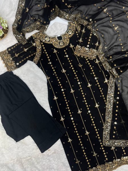 Black Georgette Embroidery Suit Set with Pant and Dupatta Fully Stitched For Resellers Ready To Wear Collection