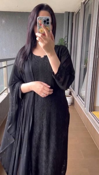 Black Georgette Kurti Set With Cotton Embroidered Work  3 Piece Kurti Set