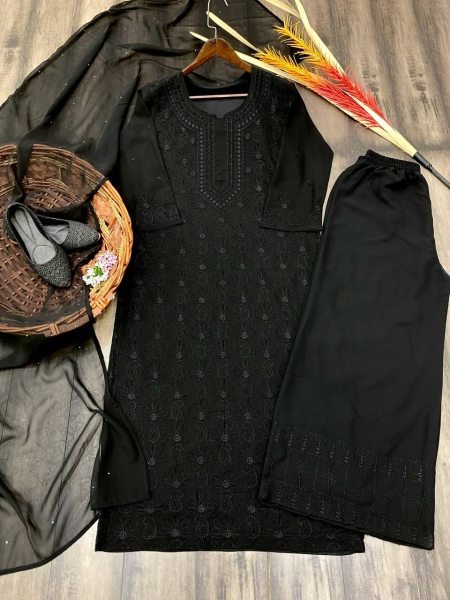 Black Georgette Kurti Set With Cotton Embroidered Work  3 Piece Kurti Set