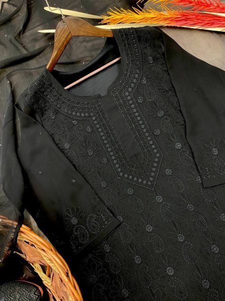 Black Georgette Kurti Set With Cotton Embroidered Work  3 Piece Kurti Set