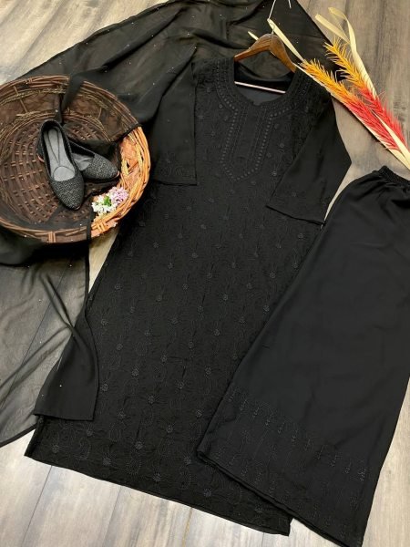 Black Georgette Kurti Set With Cotton Embroidered Work  3 Piece Kurti Set