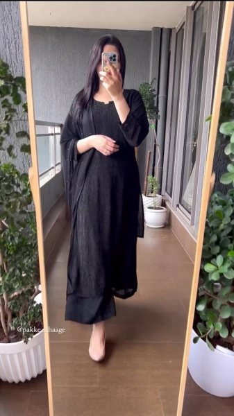 Black Georgette Kurti Set With Cotton Embroidered Work  3 Piece Kurti Set