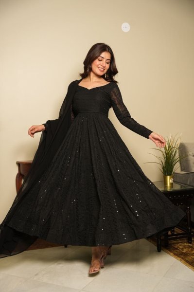 Black Georgette Lucknowi Anarkali Suit 3PC Set with Chikankari Work   Dupatta Premium Ethnic Wear at Low Price for Bulk Orders Anarkali Kurtis 