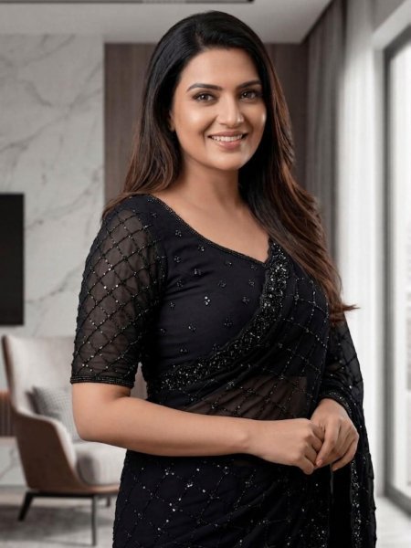 Black Georgette Saree with Heavy Beads Pearl and Sequins Work for Party Wear Sarees 
