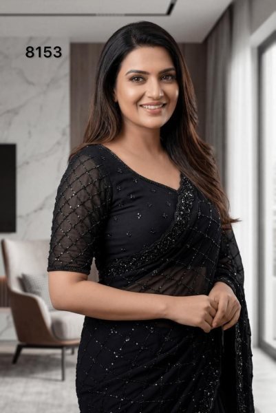 Black Georgette Saree with Heavy Beads Pearl and Sequins Work for Party Wear Georgette Sarees Wholesale