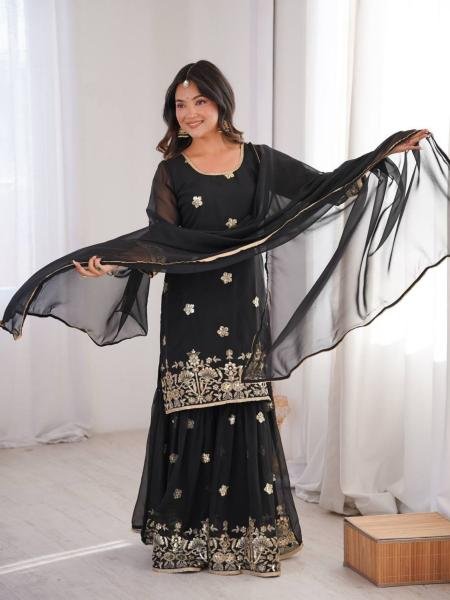 Black Georgette Sequence Embroidered Sharara Set with Dupatta at Manufacturer Price 