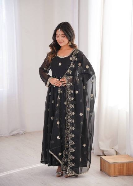 Black Georgette Sequence Embroidered Gown Set with Pant & Dupatta at Best Rates Anarkali Kurtis 