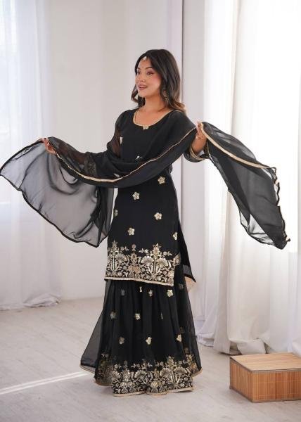 Black Georgette Sequence Embroidered Sharara Set with Dupatta at Manufacturer Price Ready To Wear Collection