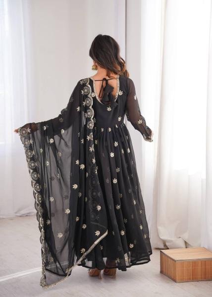 Black Georgette Sequence Embroidered Gown Set with Pant & Dupatta at Best Rates Anarkali Kurtis 