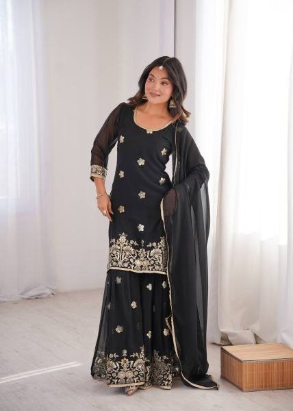 Black Georgette Sequence Embroidered Sharara Set with Dupatta at Manufacturer Price Ready To Wear Collection