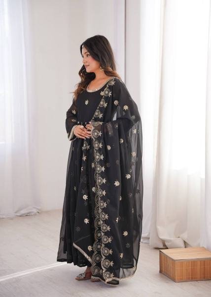 Black Georgette Sequence Embroidered Gown Set with Pant & Dupatta at Best Rates Anarkali Kurtis 