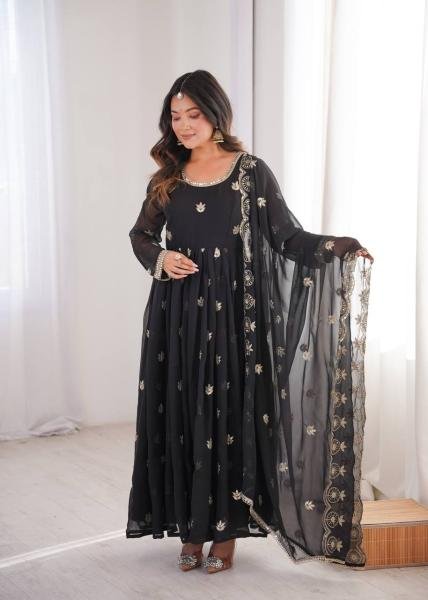Black Georgette Sequence Embroidered Gown Set with Pant & Dupatta at Best Rates Anarkali Kurtis 