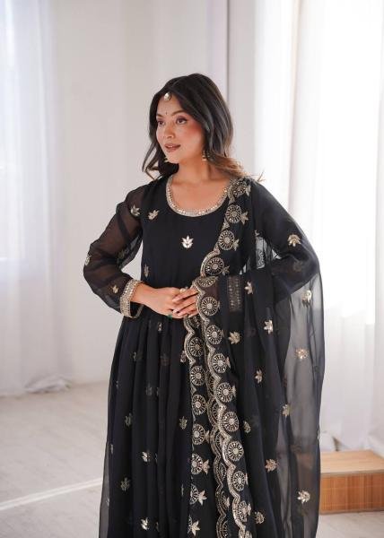 Black Georgette Sequence Embroidered Gown Set with Pant & Dupatta at Best Rates Anarkali Kurtis 