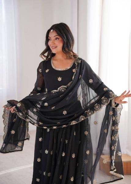 Black Georgette Sequence Embroidered Gown Set with Pant & Dupatta at Best Rates Anarkali Kurtis 