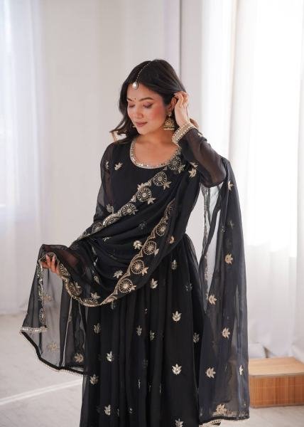 Black Georgette Sequence Embroidered Gown Set with Pant & Dupatta at Best Rates Anarkali Kurtis 