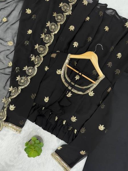 Black Georgette Sequence Embroidered Gown Set with Pant & Dupatta at Best Rates Anarkali Kurtis 
