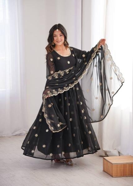 Black Georgette Sequence Embroidered Gown Set with Pant & Dupatta at Best Rates Anarkali Kurtis 